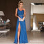 A-Line One-Shoulder Long Blue Ruched Prom Dresses with Split, QB0495