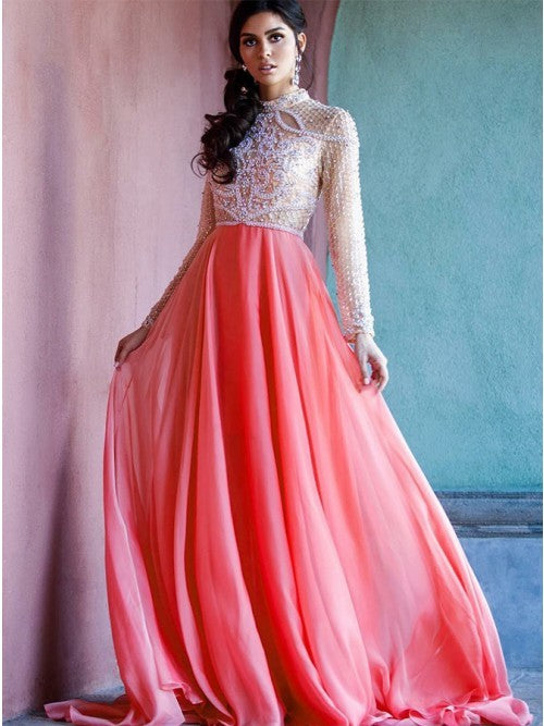 Fancy High Neck Long Sleeves Pink Evening Prom Dresses with Beading, QB0770