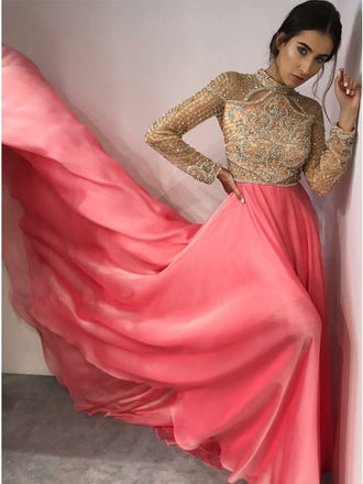Fancy High Neck Long Sleeves Pink Evening Prom Dresses with Beading, QB0770