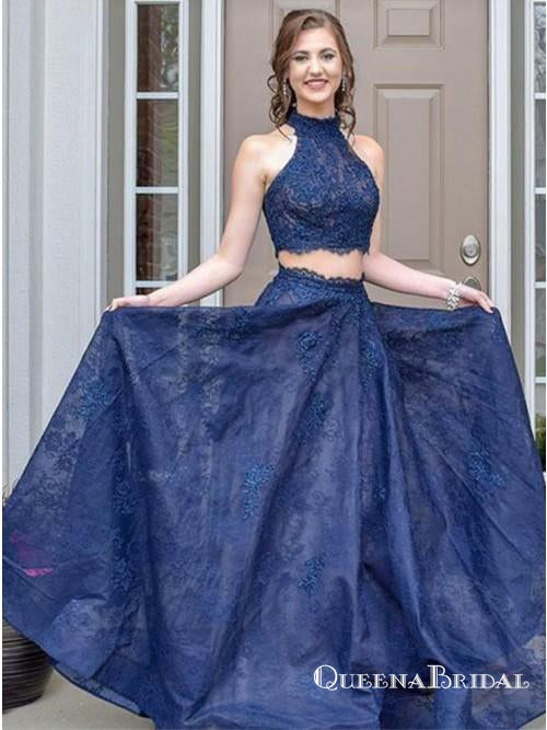 Two Piece Halter Neck Sleeveless Blue Long Prom Dresses with Lace, QB0 QueenaBridal Two Piece Halter Neck Sleeveless Blue Long Prom Dresses with Lace, QB0 QueenaBridal