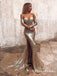 Mermaid Off Shoulder Long Sleeves Gold  Evening Prom Dresses, QB0540