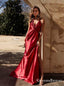 Simple Deep V-neck Sleeveless Split Red  Party Prom Dresses, QB0690