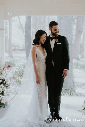 Charming V-neck Off-White Lace Mermaid Long Cheap Wedding Dresses, WDS0011