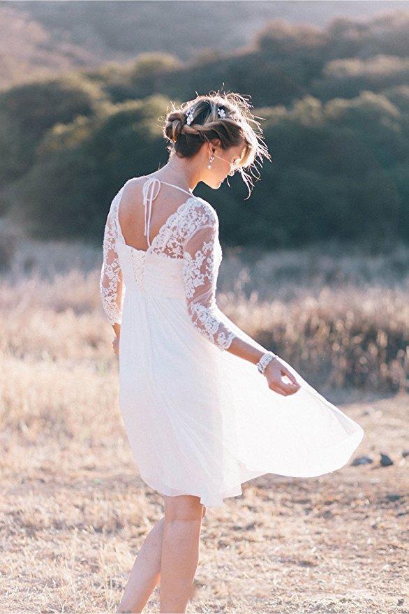 Cheap Long Sleeve Lace Short Beach Wedding Dresses, WD330