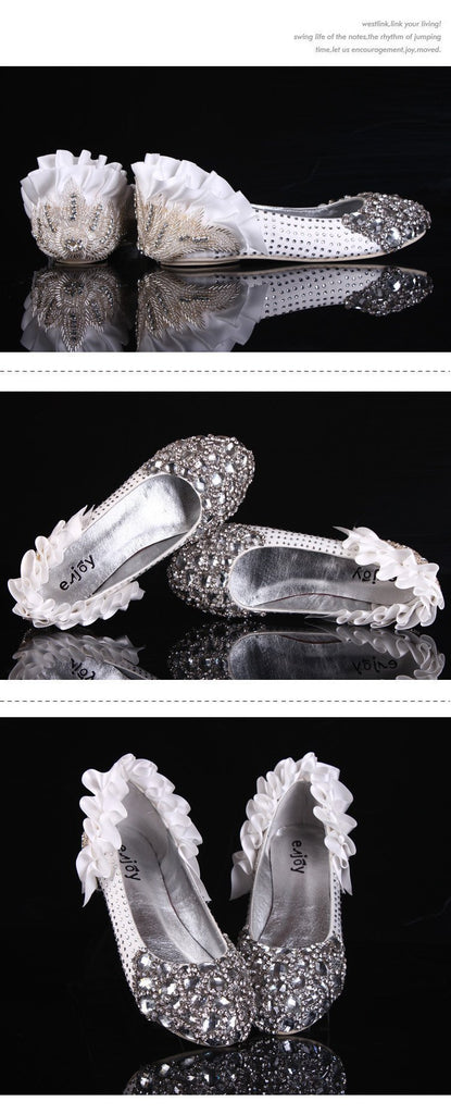 Fashion Sparkly Crystal Flat Heels Pointed Toe Rhinestone Wedding Bridal Shoes, S004