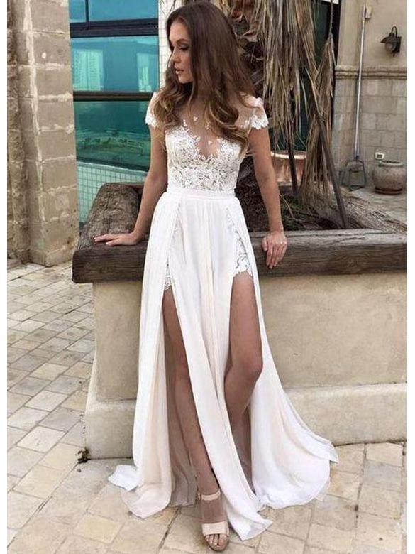 short casual wedding dresses Short Sleeve Sexy Slit Casual Custom Cheap Beach Wedding Dresses, WD31 – QueenaBridal