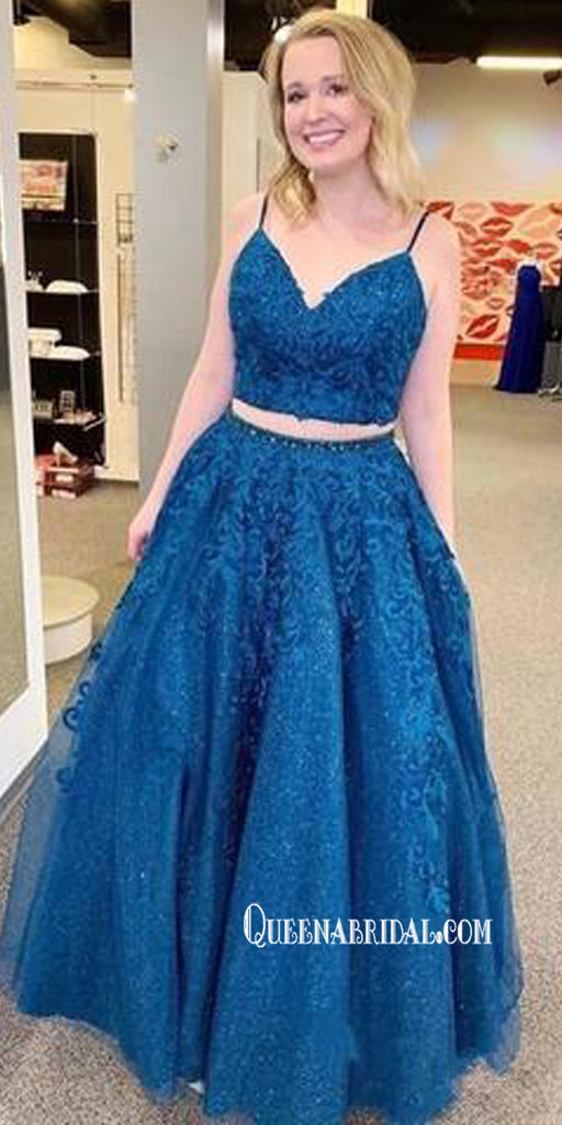 Elegant Two Pieces Dark Blue Lace A-line Long Cheap Prom Dresses, PDS0108