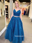 Elegant Two Pieces Dark Blue Lace A-line Long Cheap Prom Dresses, PDS0108