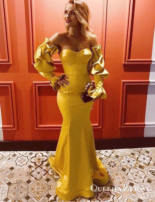 Yellow Long Mermaid Evening Gowns Sweetheart Prom Dresses with Sleeves, QB0774