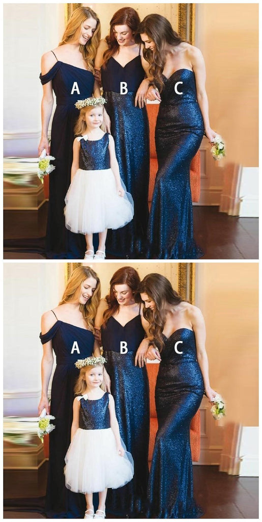 Mismatched Mermaid Cheap Long Navy Sequin Bridesmaid Dresses With Sleeves, WG220