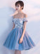 Cheap Blue Off Shoulder Lace Cute Homecoming Dresses, CM446