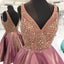 Backless V Neck Heavily Beaded Dusty Pink Homecoming Dresses, CM449
