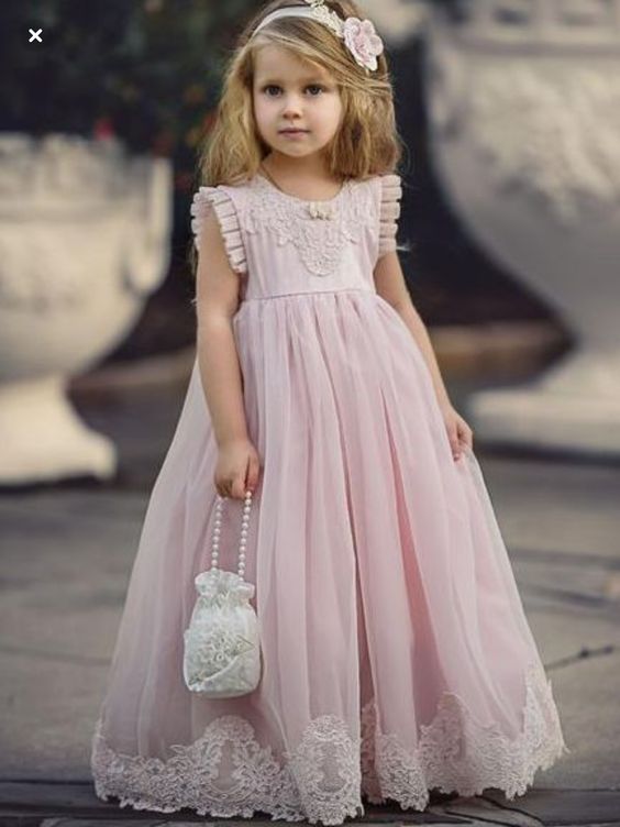 Cheap Pink Tulle Lace Applique Ball Gown Little Long Flower Girl Dresses, QB0005