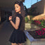 Two Piece V-Neck Short Black Satin Homecoming Dresses with Lace Applique, QB0047