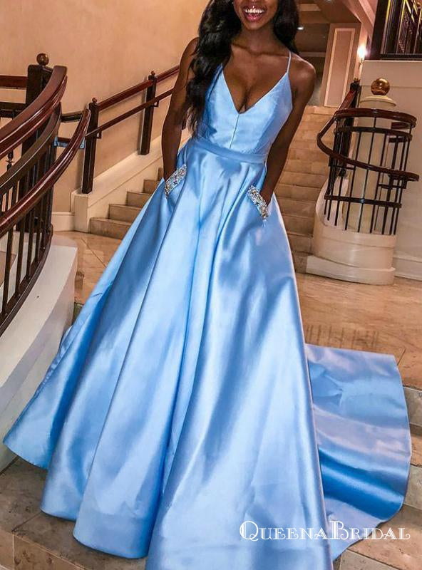 A-Line Sky Blue Satin Spaghetti Straps Prom Dresses With Pocket, QB071 QueenaBridal A-Line Sky Blue Satin Spaghetti Straps Prom Dresses With Pocket, QB071 QueenaBridal