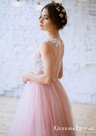 Unique A-Line Jewel Pink Tulle White Lace Long Cheap Wedding Dresses, QB0816