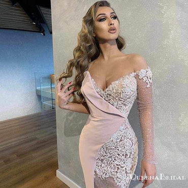 Unique Design Simple One Shoulder Long Sleeves Pink Long Cheap Mermaid Prom Dresses, QB0956