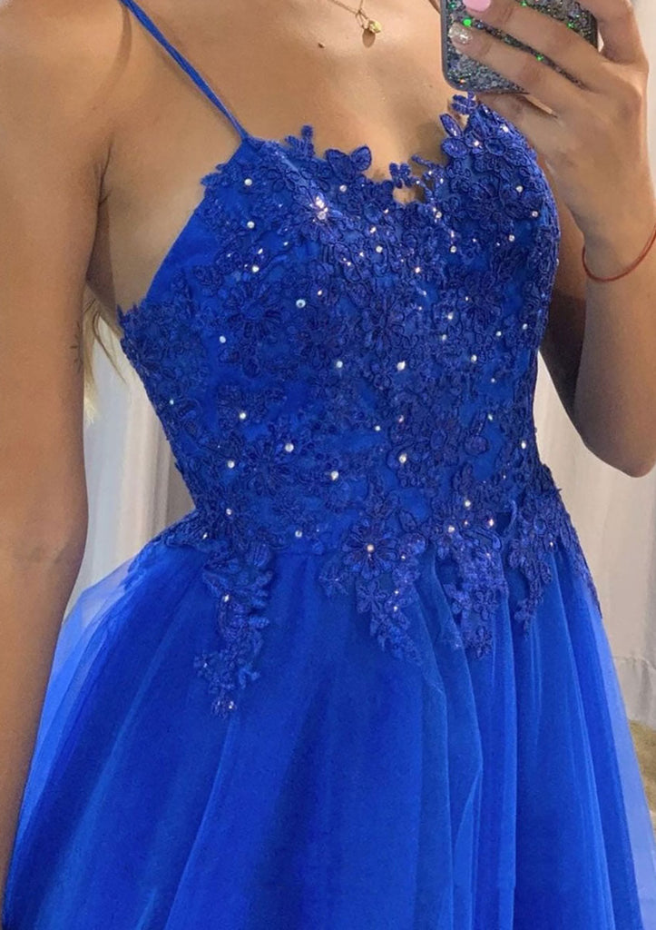 Blue A-line Lace Applique Spaghetti Straps Maxi Long Prom Dresses Online,WGP275