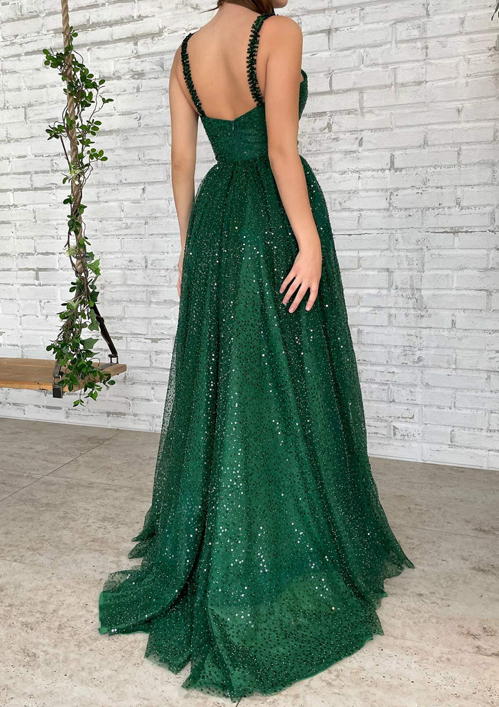 Sparkly Green A-line Spaghetti Straps Maxi Long Prom Dresses Online,WGP274