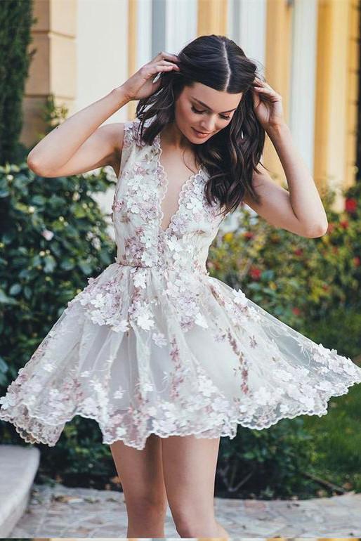 V Neck Lace Handmade Flower Cute Cheap Short Homecoming Dresses 2018, QueenaBridal V Neck Lace Handmade Flower Cute Cheap Short Homecoming Dresses 2018, QueenaBridal