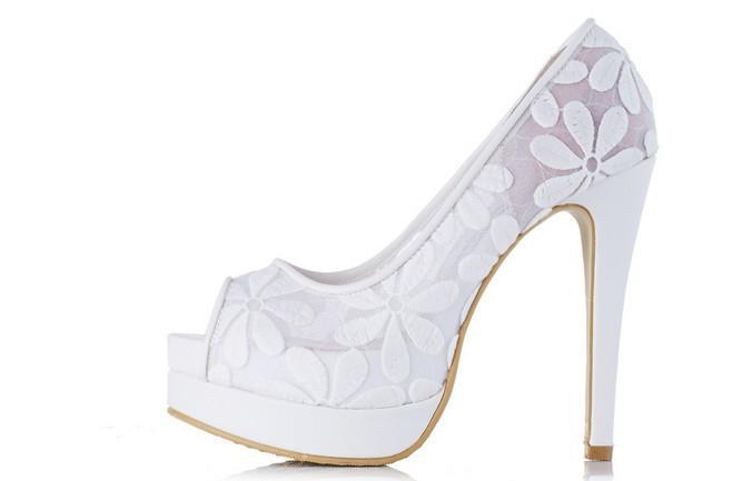 Lace Fish Toe White High Heels Wedding Bridal Shoes, S015
