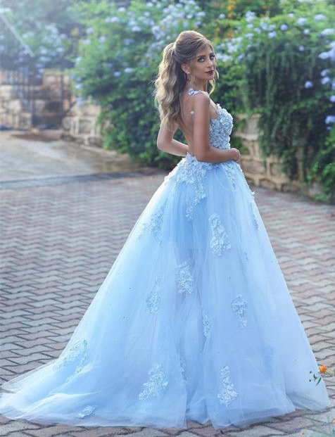 Baby Blue Illusion Neck Long Cheap Tulle Prom Dresses With Applique, Q ...