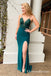 Spaghetti Strap Mermaid V-Back Long Teal Cheap Prom Dresses with Slit, QB0767