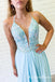 Deep V-neck  Lace-Up Long Cheap Sky Blue Prom Dresses with Appliques, QB0766