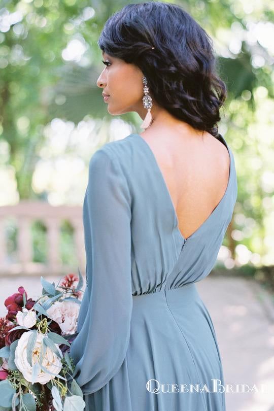 Simple V Neck Long Sleeve Backless A Line Chiffon Bridesmaid Dresses, QueenaBridal Simple V Neck Long Sleeve Backless A Line Chiffon Bridesmaid Dresses, QueenaBridal