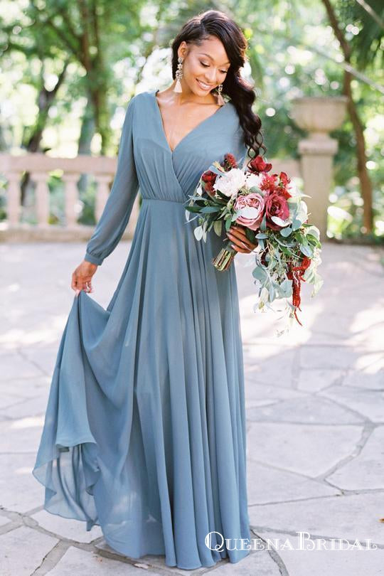 Simple V Neck Long Sleeve Backless A Line Chiffon Bridesmaid Dresses, QueenaBridal Simple V Neck Long Sleeve Backless A Line Chiffon Bridesmaid Dresses, QueenaBridal
