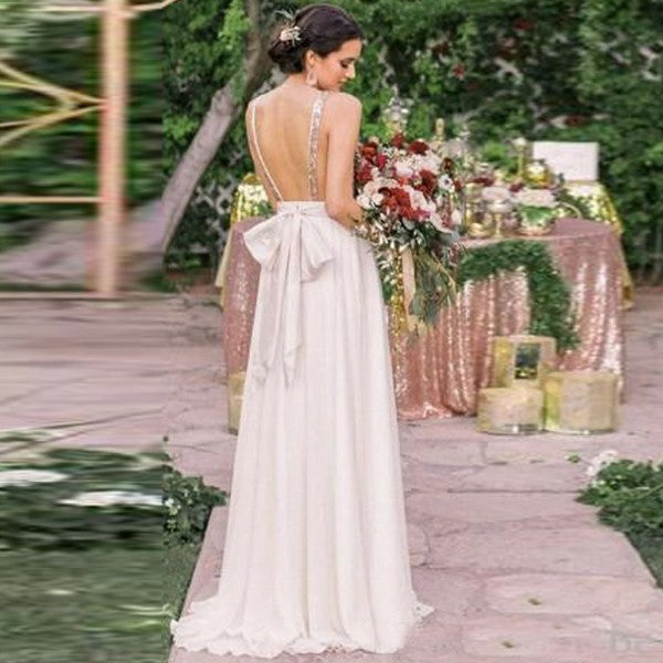 Sexy Deep V-Neck Backless White Chiffon Gold Sequin Bridesmaid Dresses QueenaBridal Sexy Deep V-Neck Backless White Chiffon Gold Sequin Bridesmaid Dresses QueenaBridal