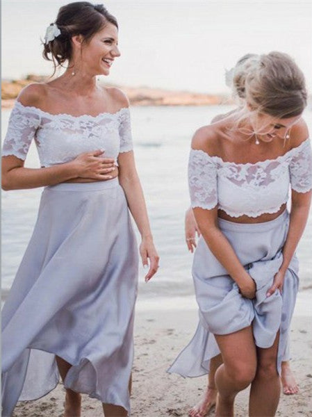 Two Piece Off-Shoulder Light Grey Chiffon Cheap Bridesmaid Dresses with Lace, QB0151