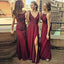 Popular V-Neck Long Cheap Burgundy Chiffon Bridesmaid Dresses Online, QB0154