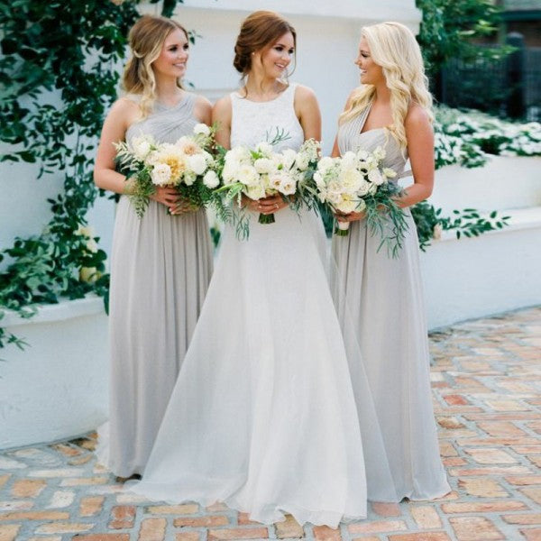 Pretty Round V-Neck Long Cheap Grey Chiffon Bridesmaid Dresses, QB0117