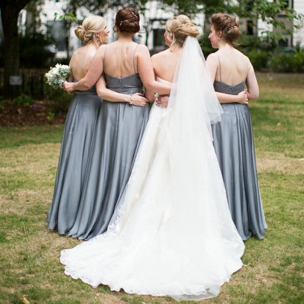 Elegant Round Neck Long Cheap Dark Grey Satin Bridesmaid Dresses with QueenaBridal Elegant Round Neck Long Cheap Dark Grey Satin Bridesmaid Dresses with QueenaBridal