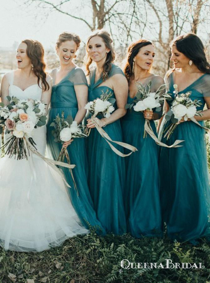 A-Line V-Neck Long Cheap Turquoise Tulle Bridesmaid Dresses, QB0702 ...