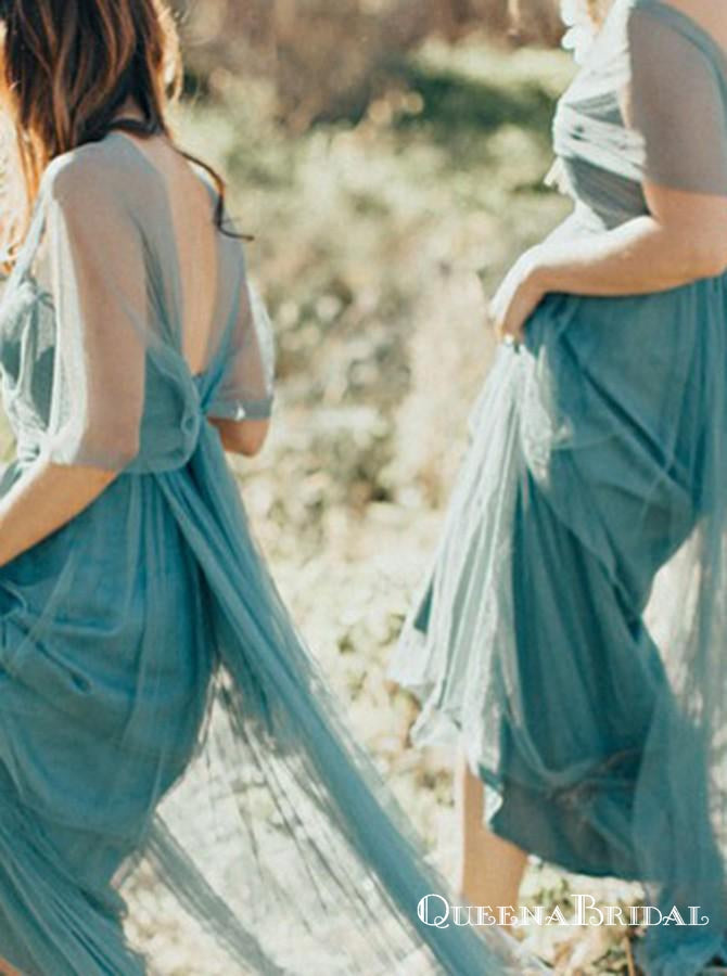 A-Line V-Neck Long Cheap Turquoise Tulle Bridesmaid Dresses, QB0702