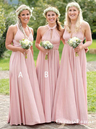 A-Line V-Neck Floor Length Pleated Pink Cheap Bridesmaid Dresses, QB0845