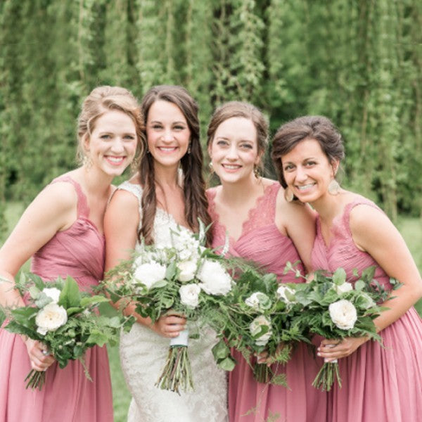 Pretty V-Neck Long Cheap Coral Chiffon Bridesmaid Dresses With Lace, Q QueenaBridal Pretty V-Neck Long Cheap Coral Chiffon Bridesmaid Dresses With Lace, Q QueenaBridal
