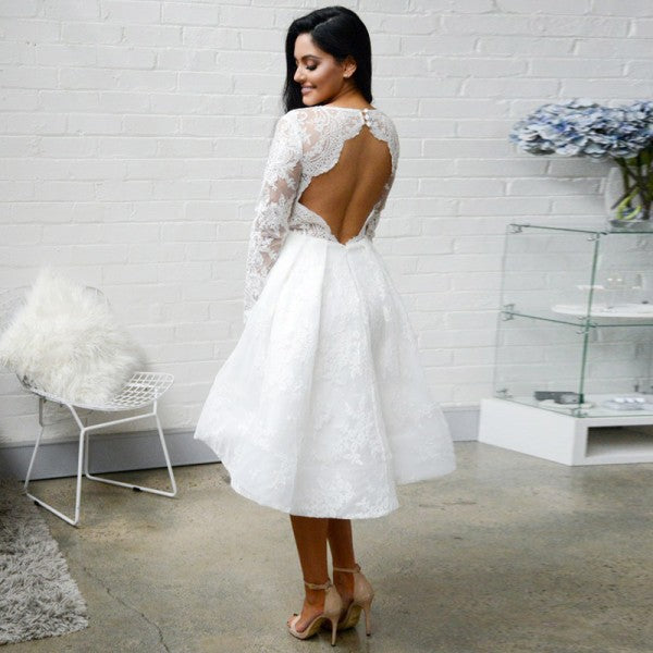 A-Line V-Neck Open Back Long Sleeves White Lace Bridesmaid Dresses Onl QueenaBridal A-Line V-Neck Open Back Long Sleeves White Lace Bridesmaid Dresses Onl QueenaBridal