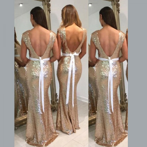 Mermaid Bateau Backless Gold Sequin Long Cheap  Bridesmaid Dresses Online, QB0159