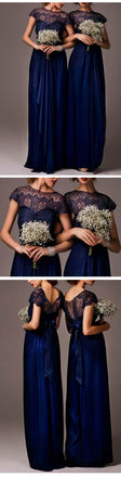 Impressive Discount Cap Sleeve Top Seen-Through Lace Elegant Royal Blue Long Bridesmaid Dresses, WG030