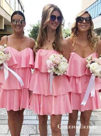 Cheap Spaghetti Straps Sleeveless Tiered A Line Short Bridesmaid Dresses, QB0680