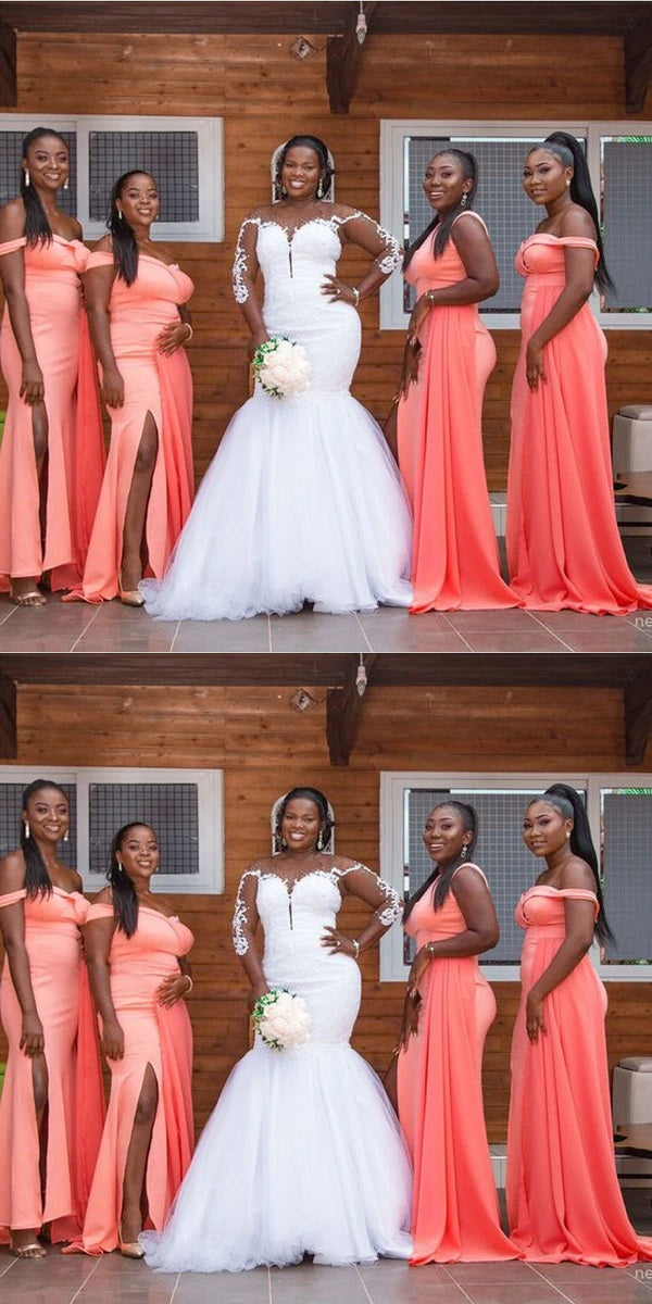 Simple Coral Mermaid Off Shoulder Side Slit Maxi Long Bridesmaid Dress QueenaBridal Simple Coral Mermaid Off Shoulder Side Slit Maxi Long Bridesmaid Dress QueenaBridal