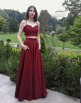 Two Pieces Burgundy Spaghetti Strap Long Cheap Prom Dresses, QB0462