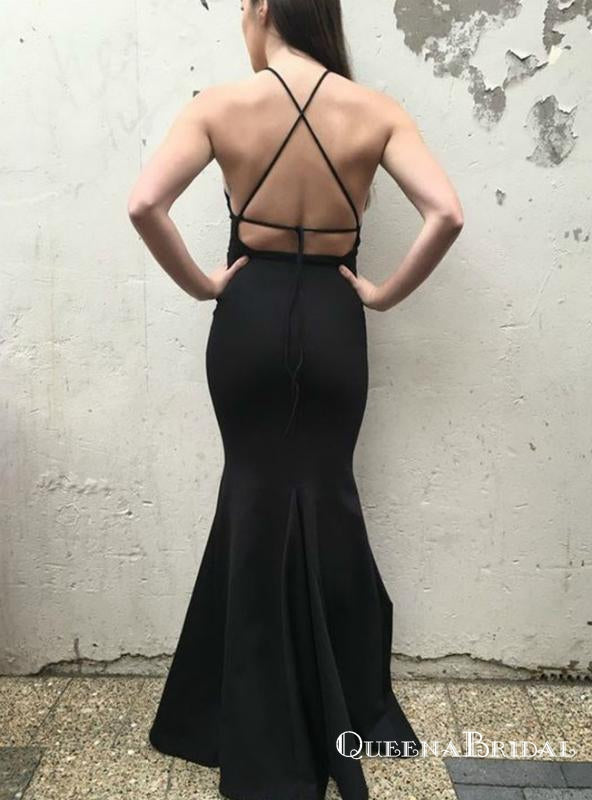 Simple Black Mermaid Spaghetti Straps Floor-Length Backless Prom Dresses, QB0715