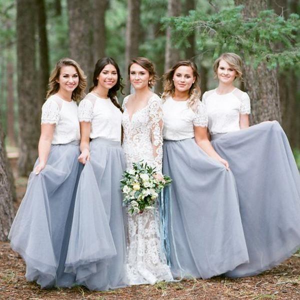 Two Pieces Short Sleeves Grey Cheap Long Bridesmaid Dresses Online, WG QueenaBridal Two Pieces Short Sleeves Grey Cheap Long Bridesmaid Dresses Online, WG QueenaBridal