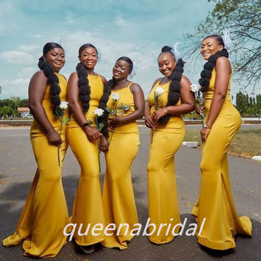 Simple Yellow Mermaid Spaghetti Straps Cheap Maxi Long Bridesmaid Dresses, BDS0136