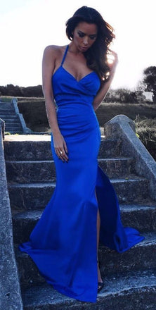 V Neck with Spaghetti Strap Side Split Sexy Long Mermaid Prom Dresses, QB0663