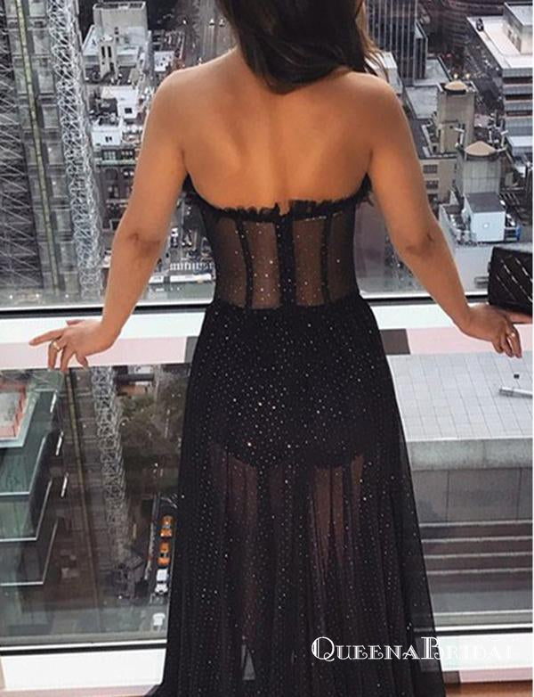 Strapless Black Long Evening Gowns Prom Dresses with Sequins for Women, QB0772